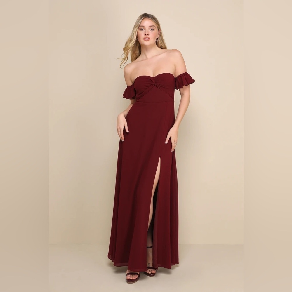 Lulu’s Absolute Romance Burgundy Off-The-Shoulder Maxi Dress Bridesmaid Formal